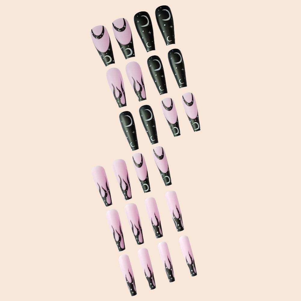 24-Piece Extra Long Ballet Pink Flame & Brown Star Press-On Nails