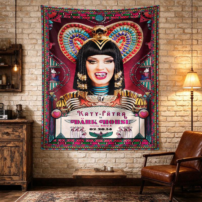 Katy Perry as an Egyptian pharaoh in a colorful art-nouveau frame, Dark Horse concert poster, rich painterly shading, Room Decor Accent