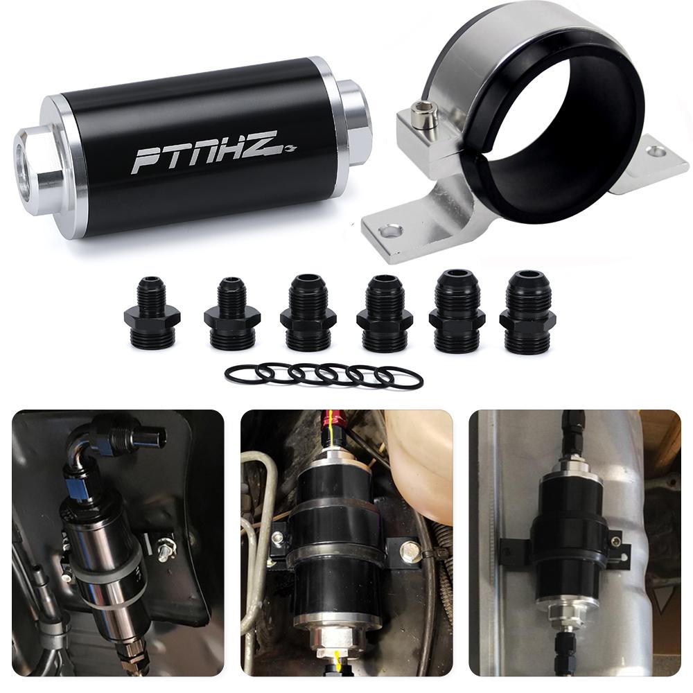 ID:58MM Universal Fuel Filter with Bracket with 2pcs AN6/AN8/AN10 Adaptor Fittings with 100micron Steel Element PQY5573+LS2511