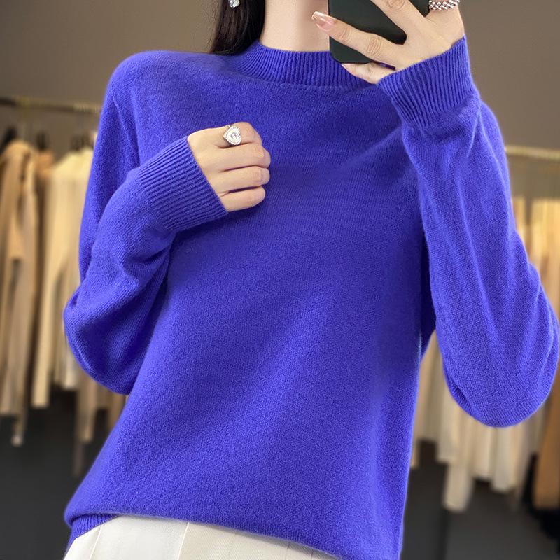 Women's Seamless Wool Sweater: Autumn/Winter Half-High Neck, Loose Fit, Knitted Base Layer