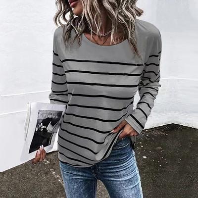 Frühlings- und Herbst-Rundhals-Oberteil mit 3D-Streifendruck, modisch, lässig, minimalistisch, langärmelig, Damen-T-Shirts