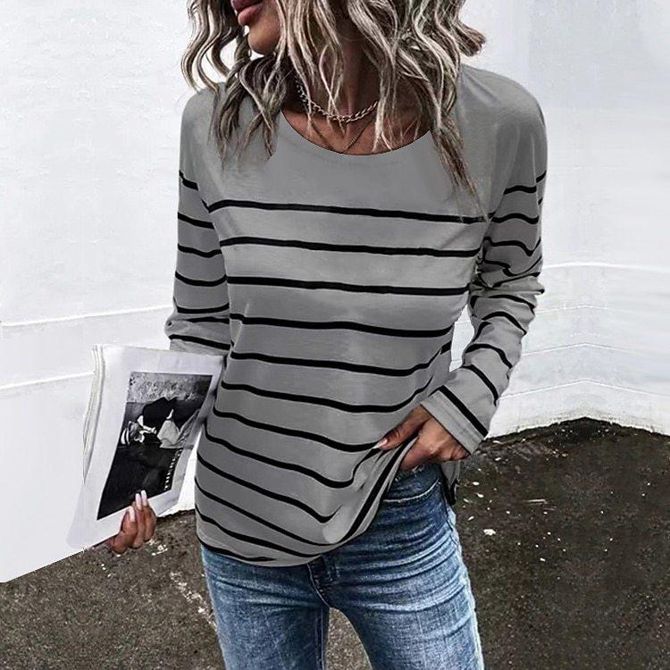 Spring and Autumn Round Neck 3D Stripe Printed Top Fashionable Casual Minimalist Long Sleeved Women's T-shirts