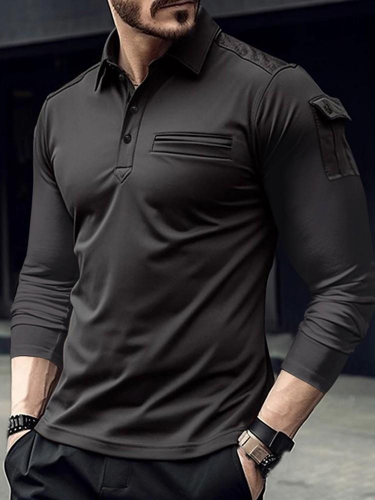European American Style Men's Spring Autumn Top Long Sleeve Polo Shirt Arm Pocket Epaulet Sports T-shirt