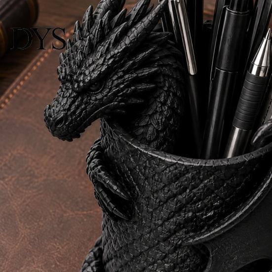 Decorative Pen Pot 3D Printed Gothic Dragon Holder, Coiled Figurine Stationery Cup, Dark Fantasy Desktop Accessory Desk Organizer, Halloween Tabletop