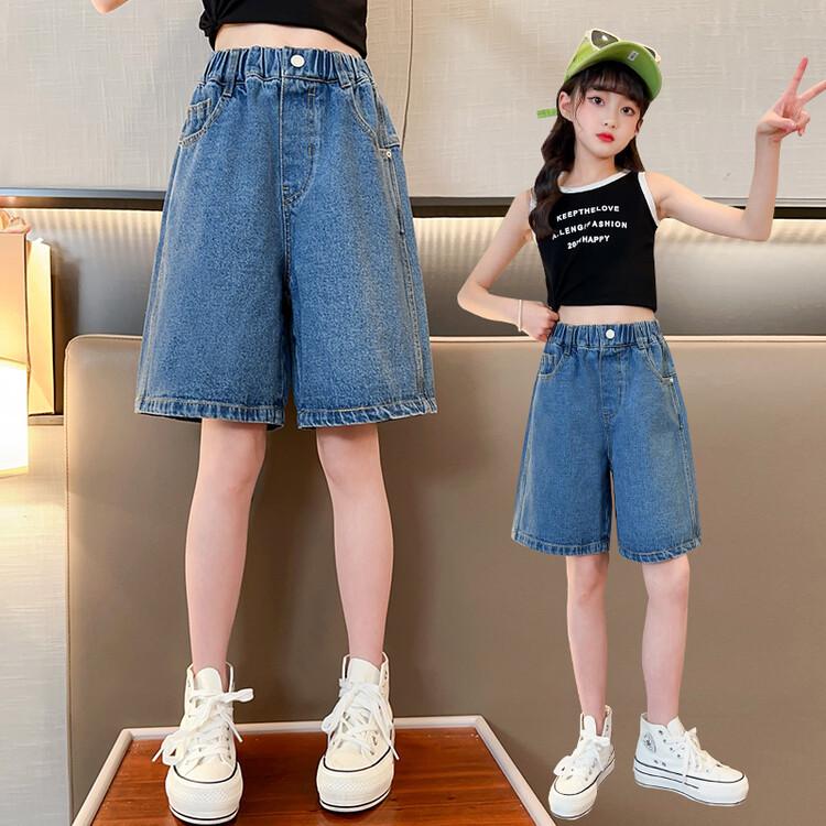 Girls' Summer Denim Mid-Length Fashionable Wide-Leg Shorts