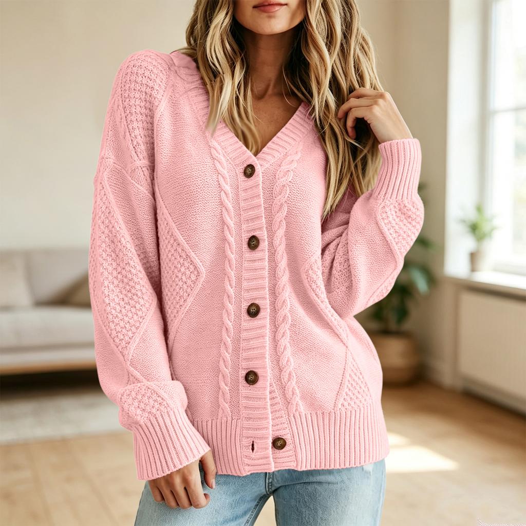 Women's Color Long Sleeve V-Neck Buttoned Cable Knit Cardigan Sweater
