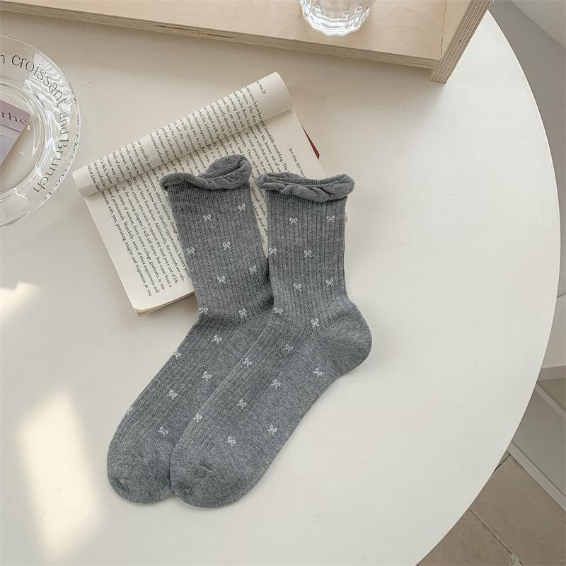 Spring and Summer Socks for Women: Thin Combed Cotton Mid-calf Socks with Mesh, Black Ear Trim, Bow, Long Calf Pile Socks