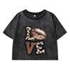 Woman Cotton Washed T-Shirt Trend O-Neck Regular Fit Crop Leopard Heart And Love Letter Graphic Printed Tops Clothes