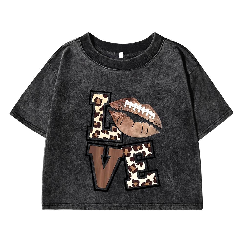 Woman Cotton Washed T-Shirt Trend O-Neck Regular Fit Crop Leopard Heart And Love Letter Graphic Printed Tops Clothes