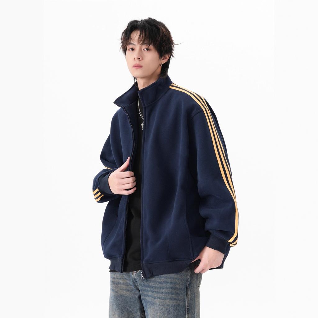 Three Stripes Cardigan Sweatshirt Male's Loose Everyday Stand Collar Jacket Coat Couple Sports Top High Quality Practical Daily Use