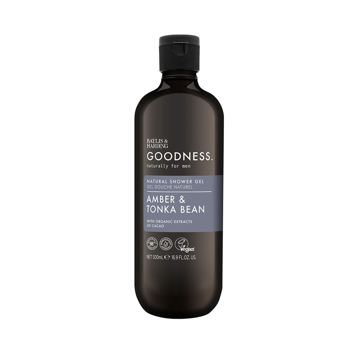 Goodness Men s Amber & Tonka Bean Shower Gel 500ml