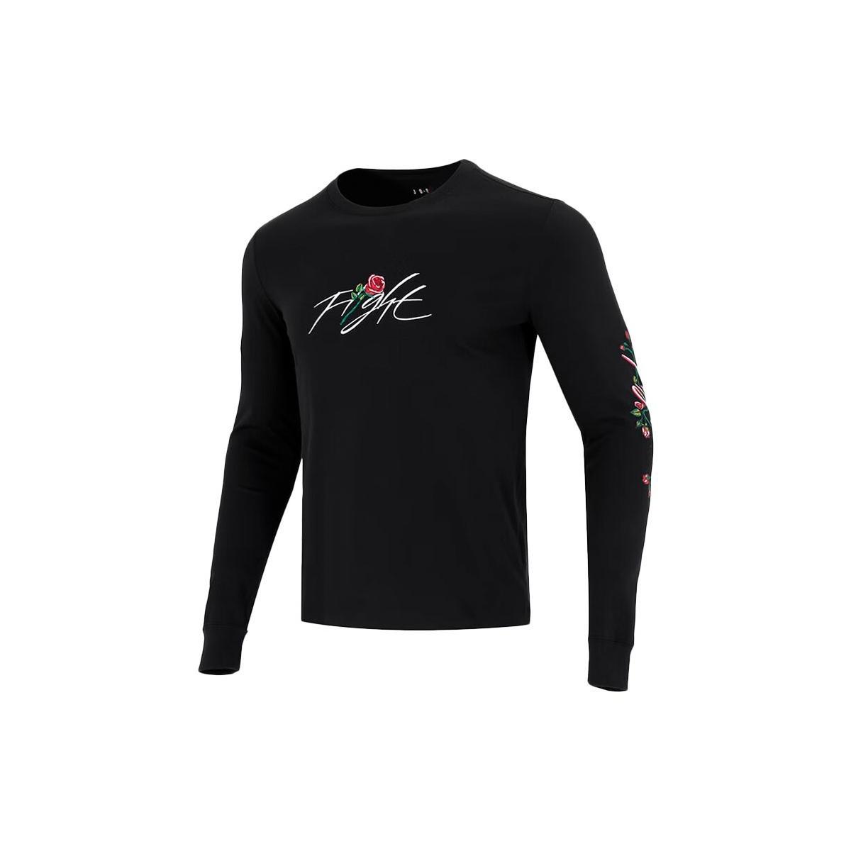 Men s Nike Sleeve Side Flowers Logo Printing Round Neck Long Sleeves Black DQ7387-010 M