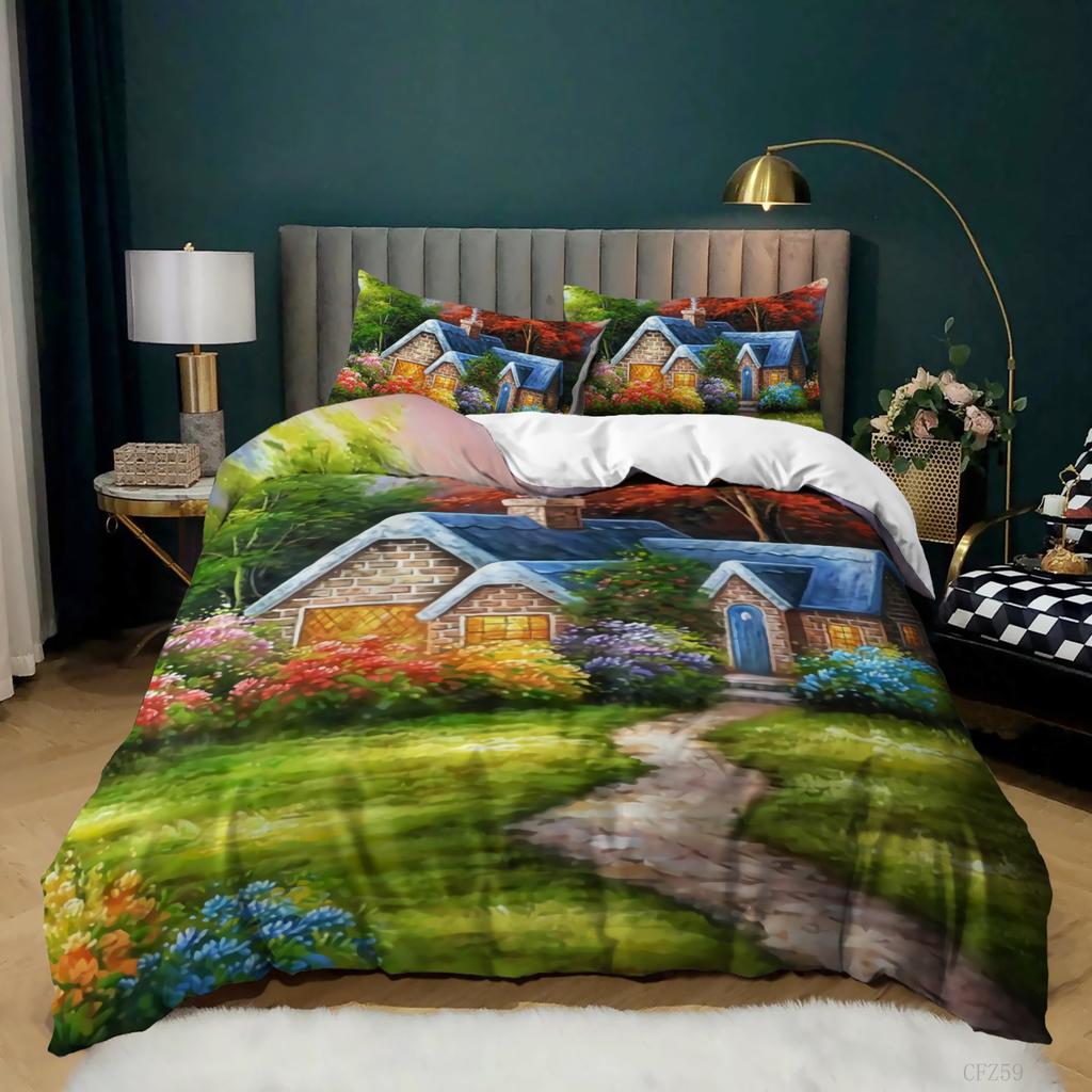 3D Digital Printing Oil Painting Scenery Quilt Cover Three-Piece Bedding