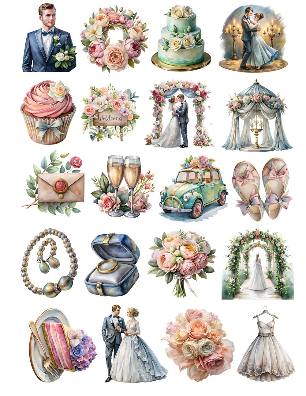 

20Pcs/pack Cute Watercolor Wedding Rose Blossoms Stickers Scrapbooking Decoration Paper Stationery DIY Sticker School Supply білий