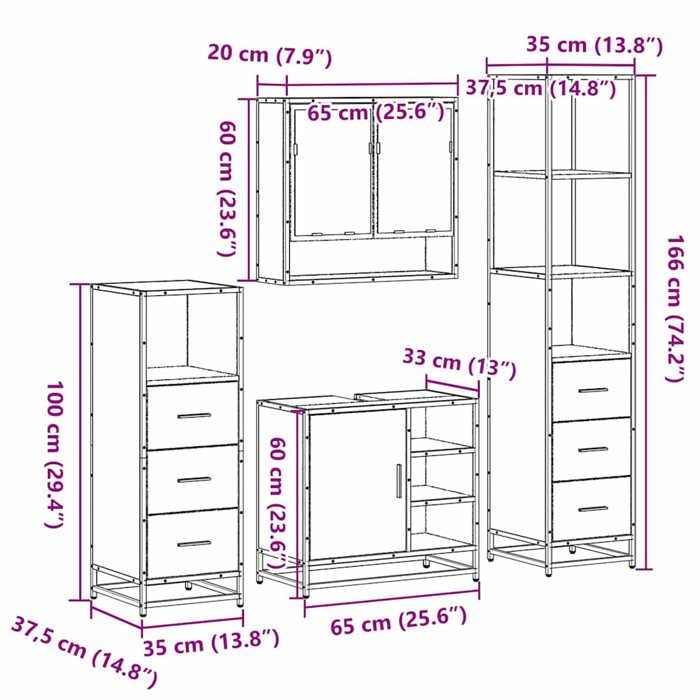 VidaXL Ensemble de meubles de salle de bain 4 pcs chêne sonoma, armoire de salle de bain, armoire de rangement de toilette, 3301296