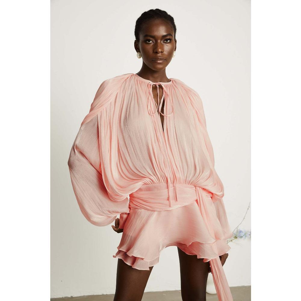 Women's Long Sleeve Shiny Chiffon Two Piece Mini Dress Tie Neck Ruched Waist Irregular Ruffle Skirt With Shorts Liner