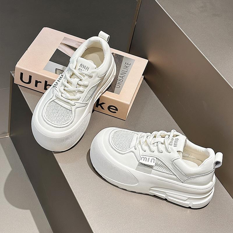Leather platform women's spring new round head lace-up casual board shoes versatile height-increasing sports women's shoes