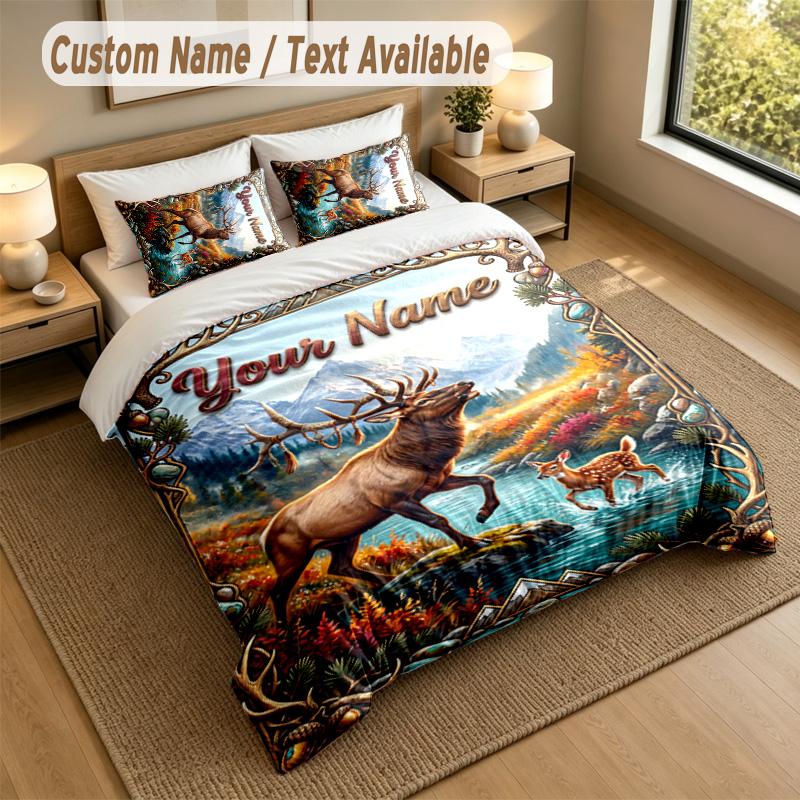 Deer Theme Personalized 3Pcs Bedding Set Custom Text & Name 1 Sheet 2 Pillowcases Household Bedding 1pc