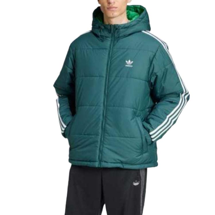 adidas Originals Men's Reversible 3-Stripes Padded Hooded Jacket Green Black JD9072