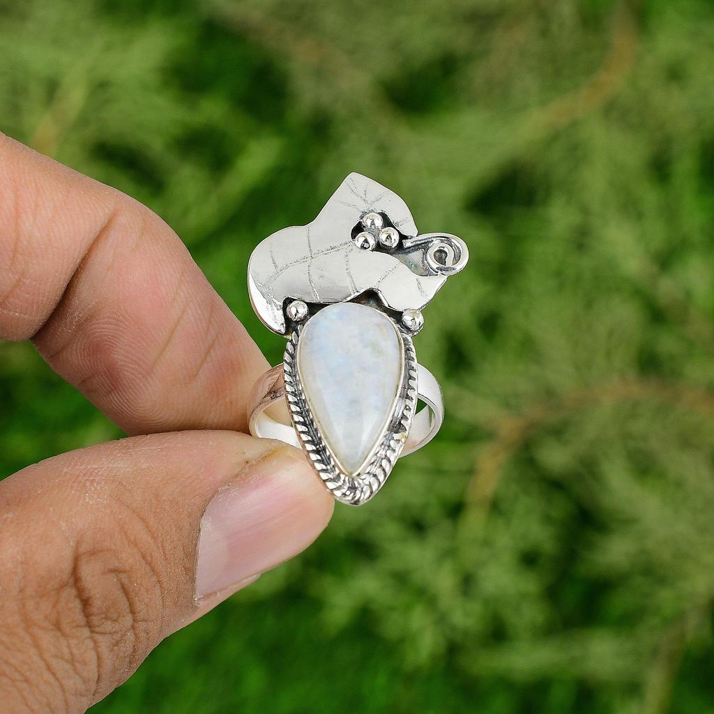 Rainbow Moonstone Gemstone Sterling Silver Bezel Statement Birthday Ring US 7.75