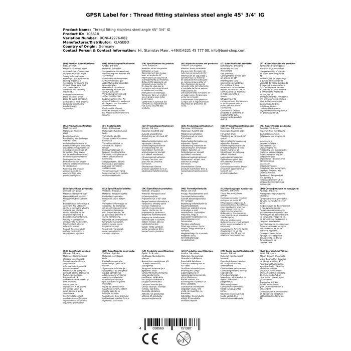 Coude Inox 45 Degrés, Raccord Fileté 3/4", V4A