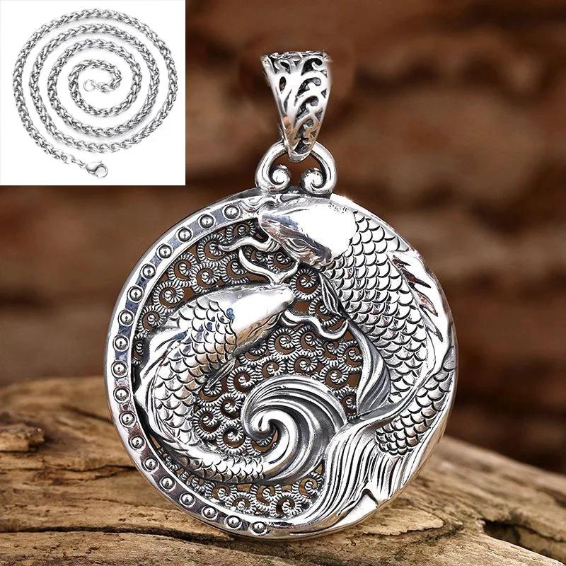 

Ожерелье в национальном стиле с глянцевым кулоном в виде двух рыб для мужчин и женщин, новинка, креативные винтажные украшения с полым круглым кулоном 45cm