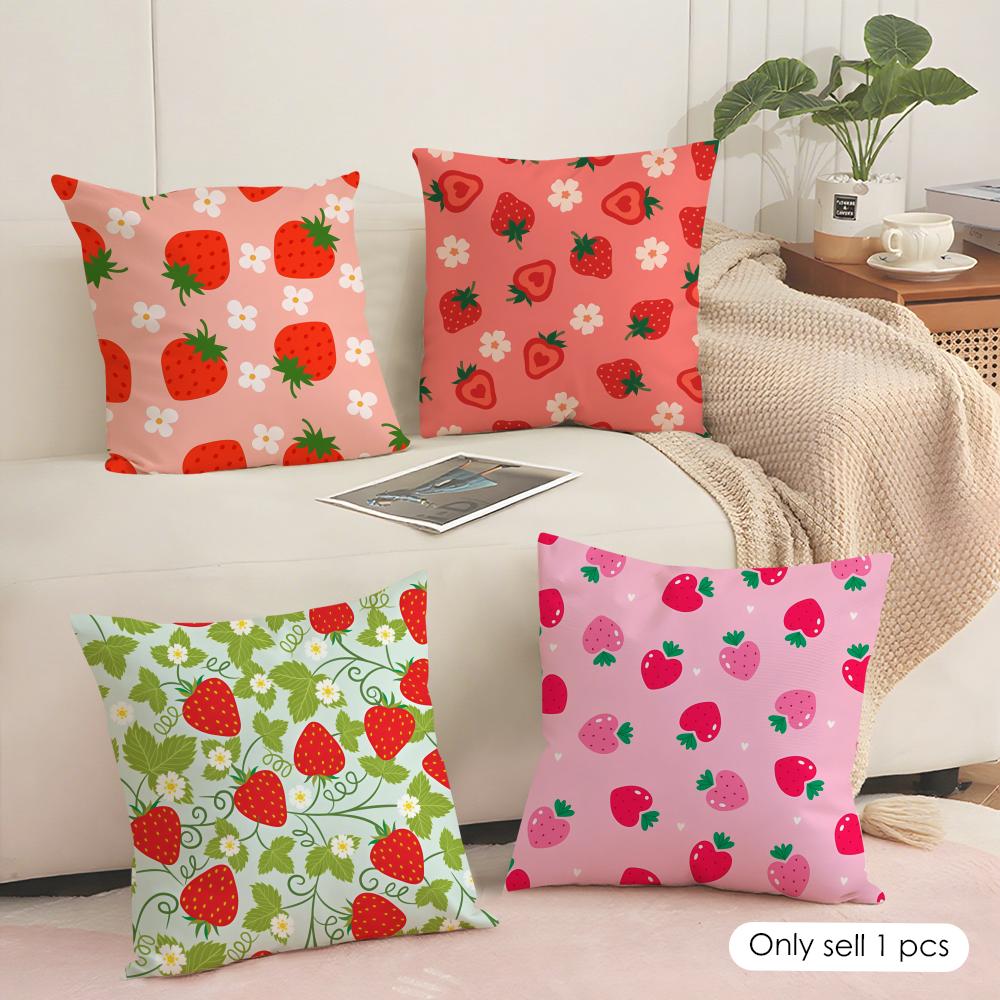 Strawberry Pattern Cushion Cover Soft Short Plush Pillow Cover Smooth Cozy Texture Aesthetic Cushion Case Home Decor
