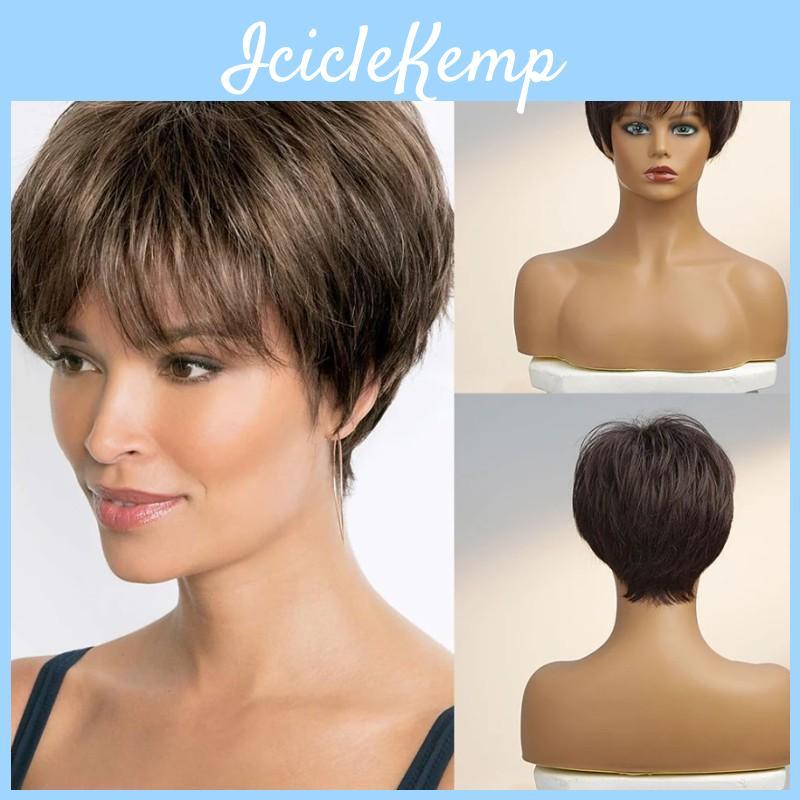Curly Natural Synthetic Golden Women Brown Hair Short Wigs With Bangs Daily Use Party Cosplay Heat Resistant Fiber
