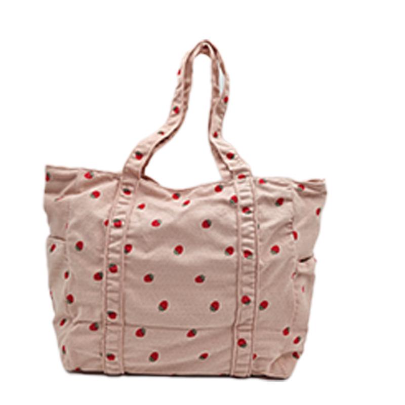 Cute Strawberry Floral Canvas Shoulder Bag for Students with Large Capacity