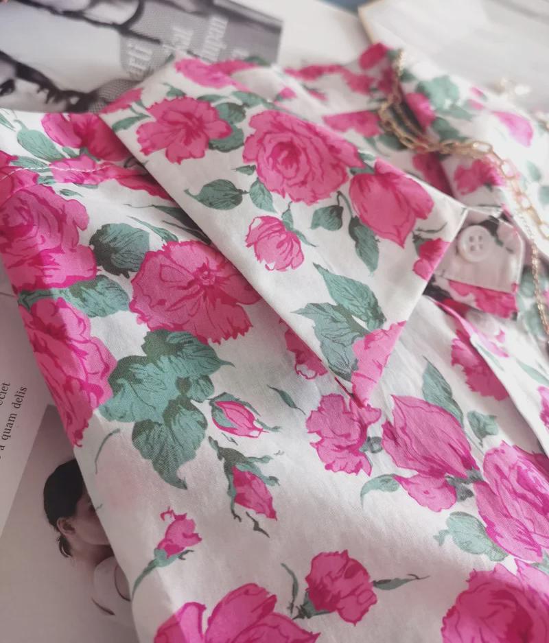 Retro Caroline Rose Print Cotton Long Sleeve Women's Shirt with Double Pockets