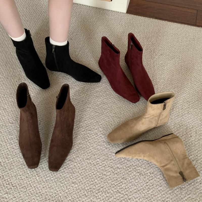 2025 Autumn and Winter New Small Square Martin Boots Versatile Thick Heel Simple Velvet Thin Boots Women's Suede French