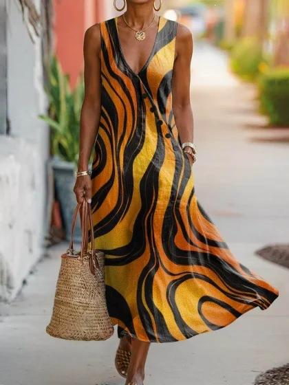 Summer V-neck Sleeveless Diagonal Button-up Vest Skirt Long Women's Vacation Casual Dress