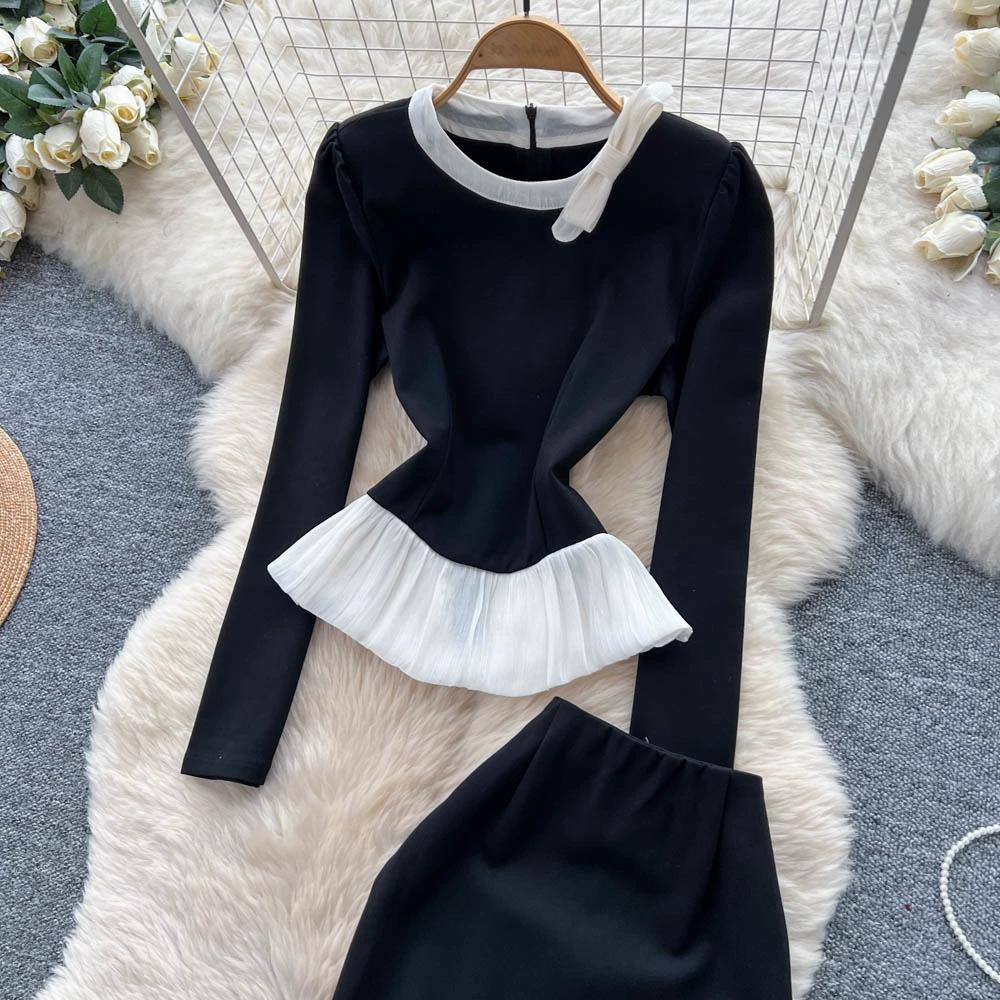Autumn Winter Women Vintage Hepburn Style Black Business Outfits O-neck Blouses Tops and Long Midi Bodycon Pencil Skirt Office Work Two Piece Set