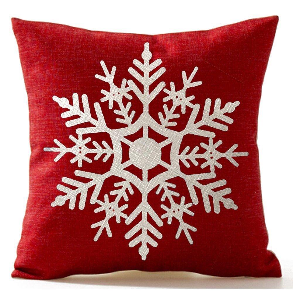 Red Plaid Sofa Linen Christmas Pillow Cover Reindeer Snowflake Home Cushion Cover