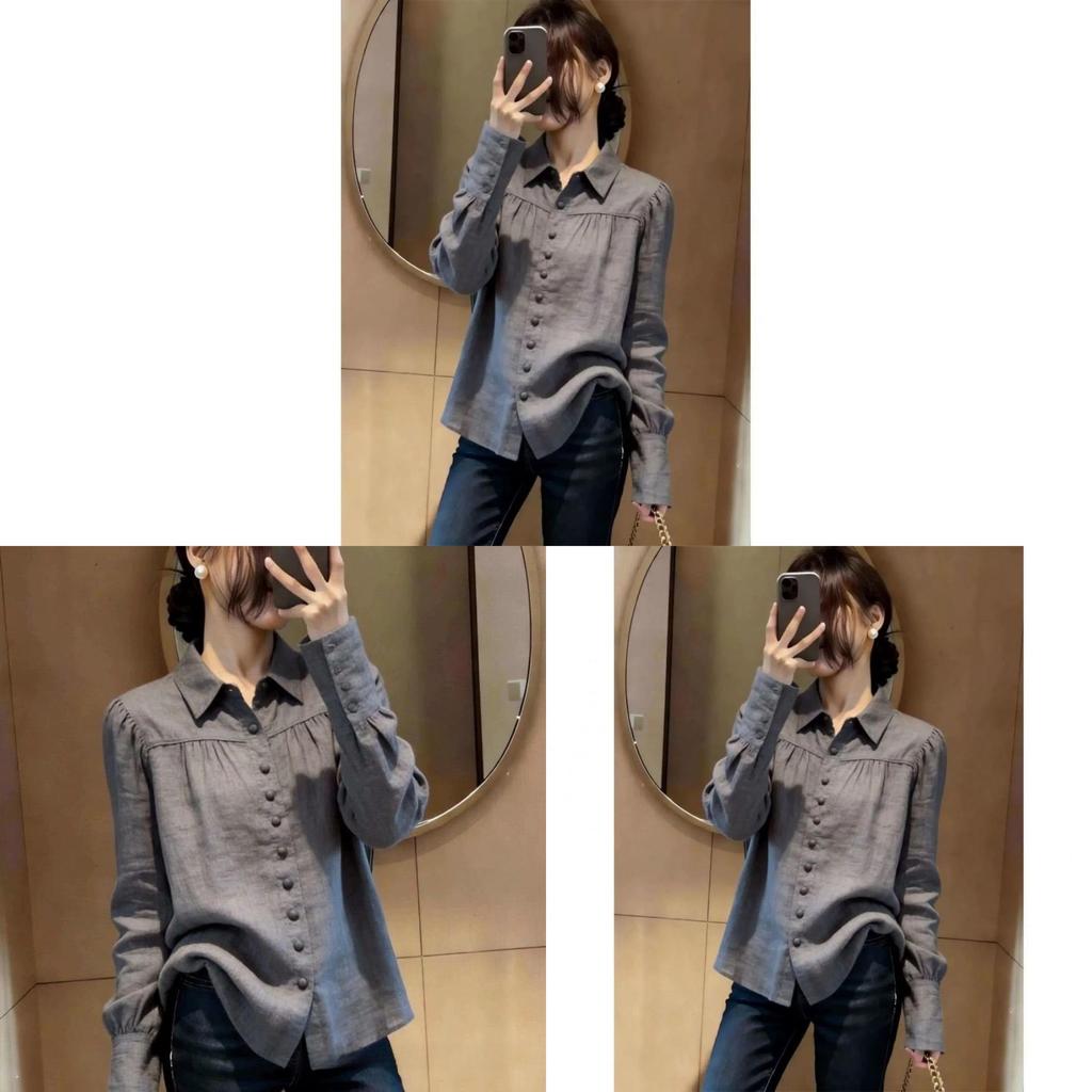 Spring Korean Style Gray Long Sleeve Shirt With 3d Print For Work And Casual Wear