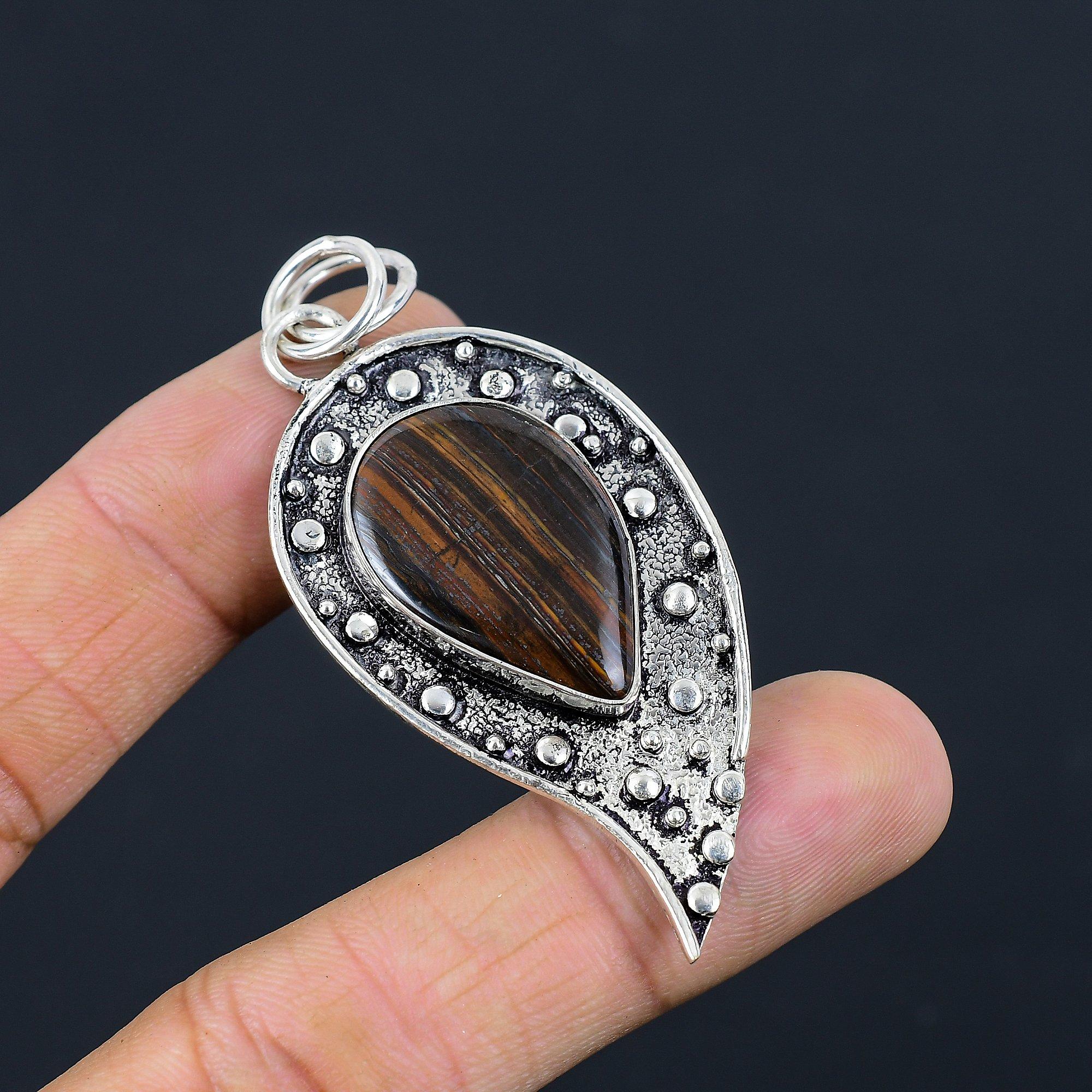 Womens day Deal Pear Natural Iron Tiger Eye Sterling Silver Wife Pendant Jewelry