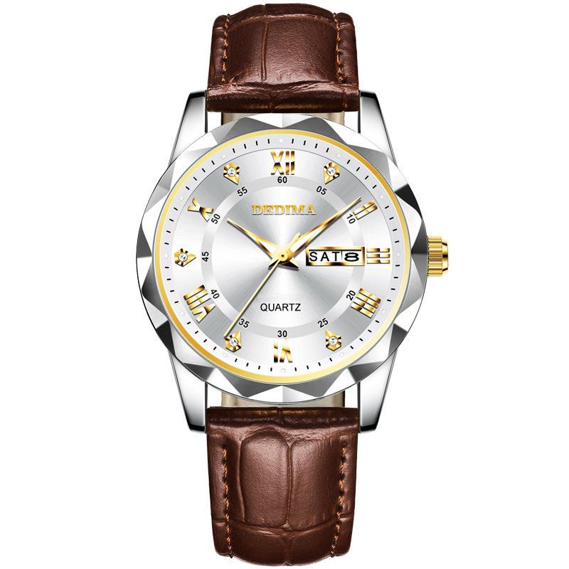 Men's Waterproof Luminous Quartz Watch with Leather Strap & Steel Band