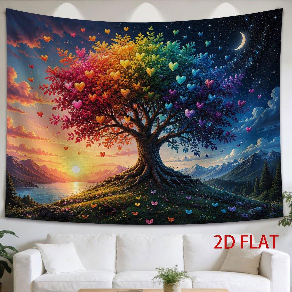 2D Flat, 1pc 2D Flat Tapestry Rainbow Heart Tree Under Dual Skies, Sunset and Moonlight Over Mountain Lake, 2D Flat