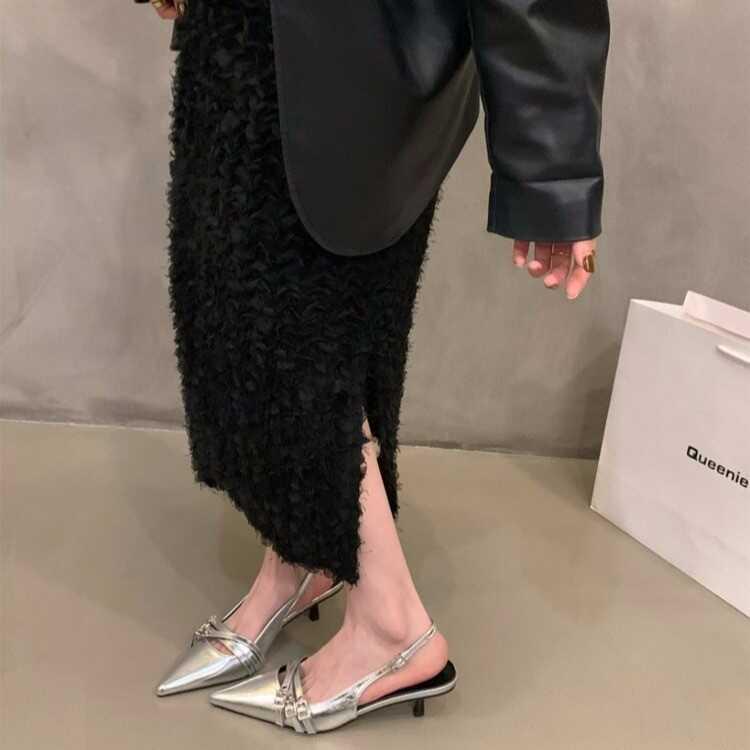 Stylish Low-Heeled High Heels for Women - Thin Heel, Pointed Toe, 2026 Spring/Summer, Silver, Black, French Closed-Toe Sandals