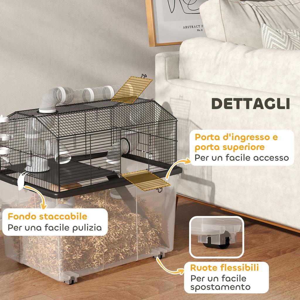 Two-Tier Hamster Cage with Wheels, Tubes, Bowl, Bottle and Ramp, 58x43x57 cm, Black