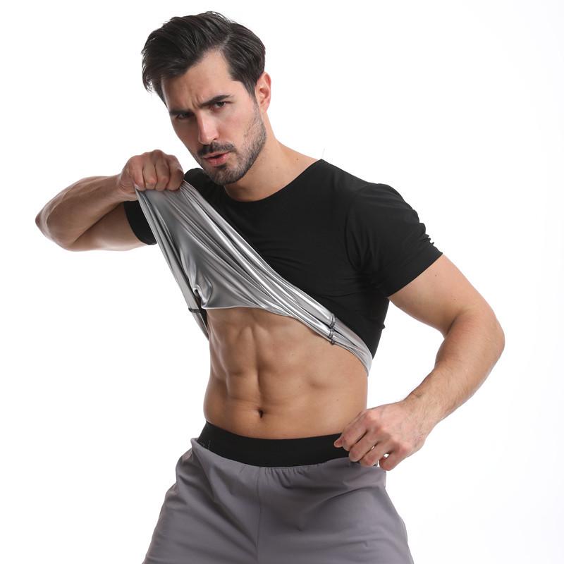 Men's Silver-Coated PU Sauna Suit: Body Shaper Sweat-Inducing Tight-Fit Short-Sleeve Vest for Abdomen Control.