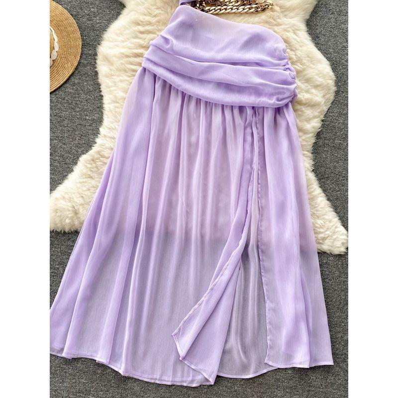 Off-the-Shoulder Hollow-out French Style Diagonal Collar Waist-Tight Chiffon Dress