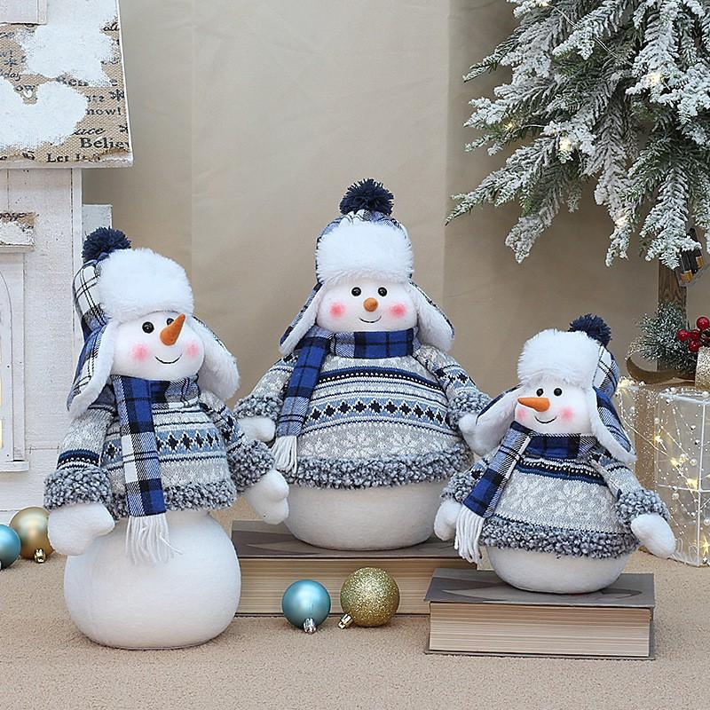 Blue Fabric Snowman Decorative Figurine Christmas Tabletop Window Display Ornament Holiday Home Decoration