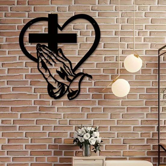 Yousheng Praying Hands Wall Sign Christian Heart Metal Wall Art Sign Black Finish Religious Decorative Prayer Sign for Living Room Patio Farmhouse