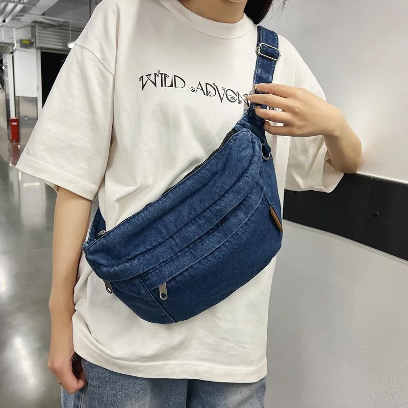 

Large Capacity Female Chest Bag For Women 2025 Crossbody Bags Women s Purses Demin Cross bag Waist Sling bags Designer Handbags синий
