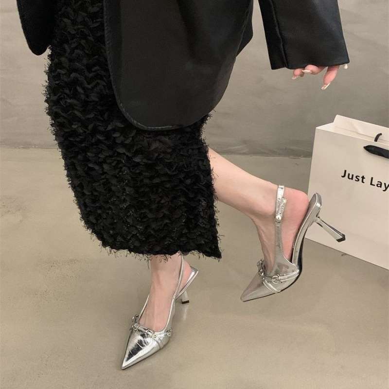 

French pointed black high heels bag head sandals fairy shoes 2025 new spring and summer with skirt high heels 77 серебряный