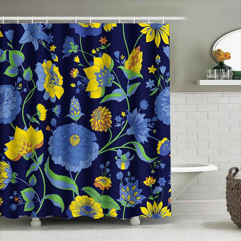 Blue Yellow Floral Shower Curtain Waterproof Bathroom Decor Shower Doors Curtains Home Decoration