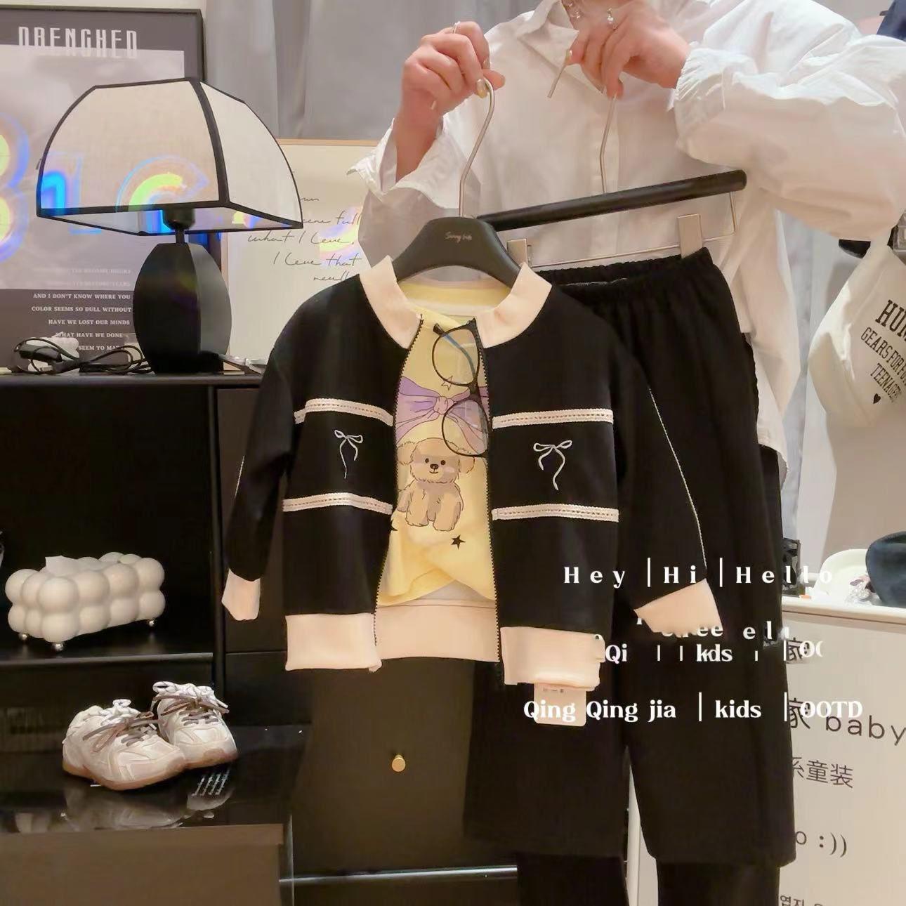 

Комплект для девочки осень-зима с бантом, однотонный детский комплект, пальто, куртка + брюки, костюм из двух предметов для детей среднего и большого возраста 90 чёрный