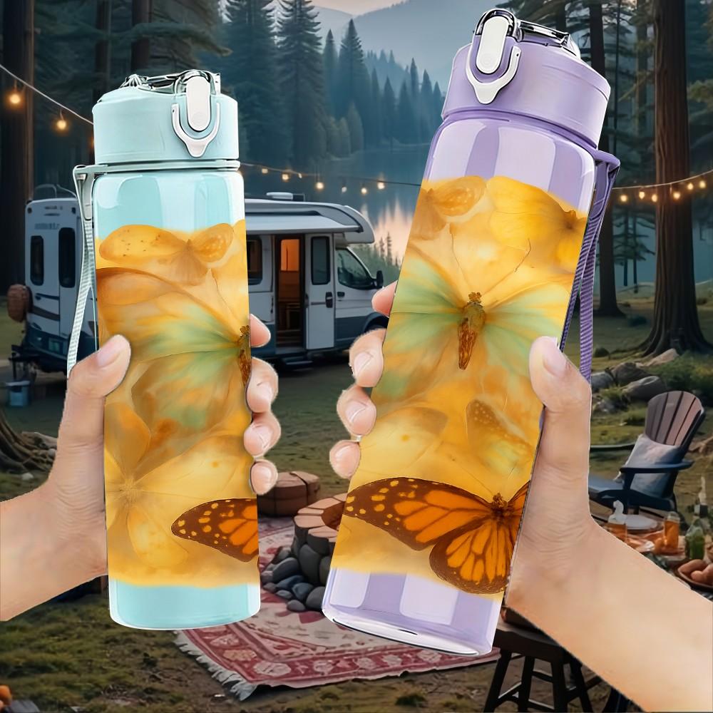 1PC Butterfly On Warm Tone Flower Print 750ml Color Plastic Sports Water Bottle Leakproof Flip Straw Lid Suitable for Sports Office Home Use