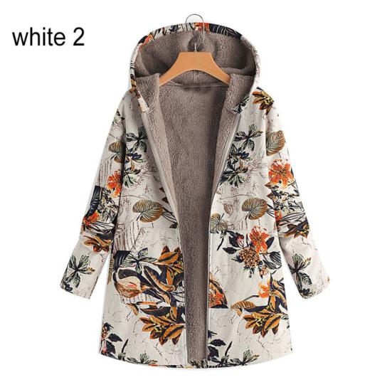 Flower Leaf Printed Women Autumn Winter Warm Hooded Pocket Coat Zipper Overcoat